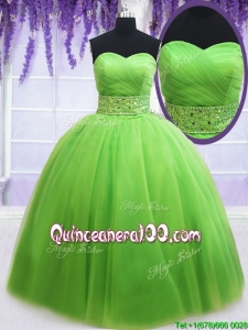 Simple Ruched Bodice Beaded Decorated Waist Spring Green Quinceanera Dress