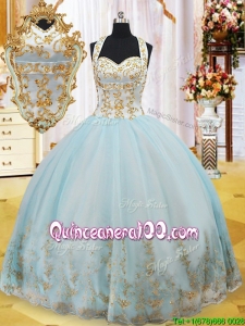 Summer Luxurious Halter Top Gold Appliques Prom Ball Gown in Light Blue