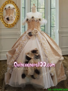 Hot Sale Ruffled Laced Champagne Quinceanera Dress with Handcrafted Flowers