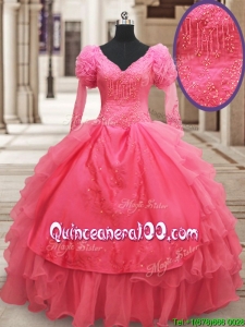 Classical Half Sleeves Watermelon Red Quinceanera Dress with Ruffled Layers and Embroidery