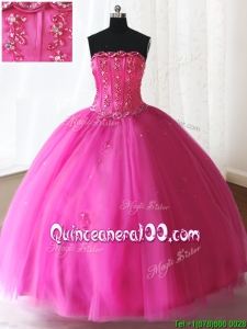Exclusive Visible Boning Strapless Beaded Quinceanera Dress in Hot Pink