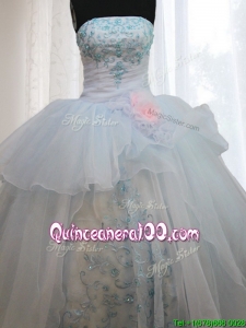 Strapless Light Blue Quinceanera Dress with Appliques and Handmade Flowers
