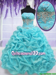 Top Seller Strapless Aquamarine Quinceanera Dress with Beading and Pick Ups
