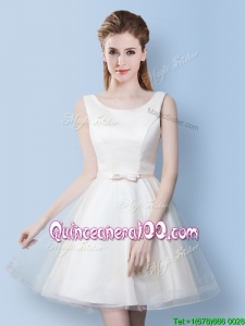New Style Bowknot Scoop Off White Short Dama Dress in Tulle