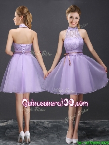 New See Through Halter Top Belted and Laced Lavender Dama Dress