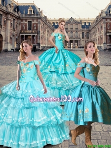 2015 Fall New Style Off the Shoulder Embroidery Quinceanera Dresses in Teal and Aqua Blue