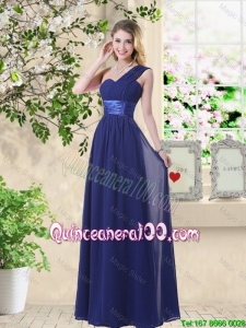 Pretty Cheap One Shoulder Floor Length Dama Dresses in Navy Blue