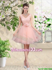 Pretty Decent V Neck Baby Pink Dama Dresses with Hand Made Flowers