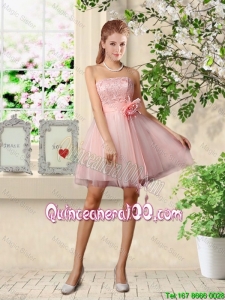 Cheap Beautiful Strapless Laced Dama Dresses with Hand Made Flowers