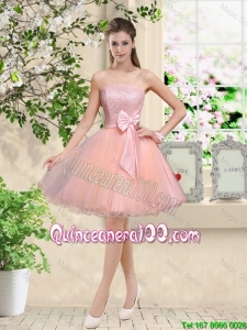 Beautiful Popular Strapless Mini Length Dama Dresses with Appliques and Bowknot