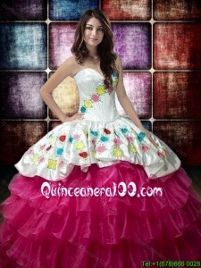 Country LifeStyle New Style Fuchsia and White Quinceanera Dress with Embroidery and Ruffled Layers