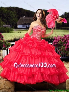 Cowgirl Elegant Beaded and Ruffled Layers Sweetheart Coral Red Quinceanera Dress in Organza