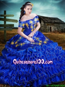 Western Style Top Seller Short Sleeves Royal Blue Quinceanera Dress with Embroidery and Ruffled Layers