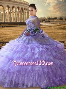 Western Theme Gorgeous See Through High Neck Lavender Quinceanera Dress with 3/4-length Sleeves