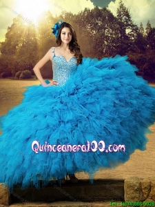 Wild-west Cheap Straps Baby Blue Tulle Quinceanera Dress with Beaded Bodice and Ruffles