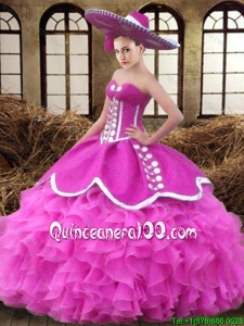 Beautiful Big Puffy Sweetheart Ruffled Organza Quinceanera Dress in Fuchsia