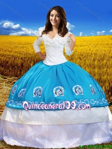 Cowgirl Three Fourth Length Sleeves Blue and White Quinceanera Dress with Embroidery and Lace