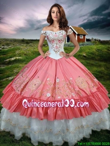 Gorgeous Off the Shoulder Watermelon Red and White Quinceanera Dress with Embroidery