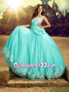 New Style Really Puffy Strapless Bowknot and Laced Quinceanera Dress in Turquoise