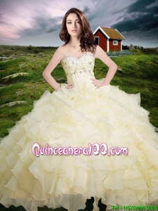 Western Style Popular Organza Light Yellow Quinceanera Dress with Beading and Ruffled Layers