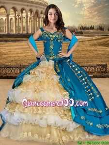 Western Style Pretty Embroideried and Ruffled Layers Quinceanera Dress in Champagne and Teal