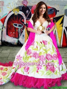 Western Theme New Arrivals Deep V Neckline Brush Train Taffeta Quinceanera Gown in Hot Pink and White