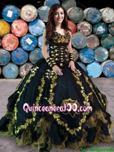 Wild West Cheap Embroideried and Ruffled Black Quinceanera Gown in Organza and Taffeta