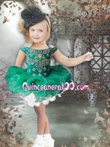 2014 Popular Halter Beading and Ruffles Green Little Girl Dress with Zipper-up