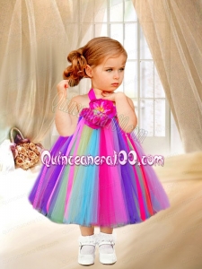 Cute Multi-color Sleeveless Halter Top Tea-length Little Girl Dresses