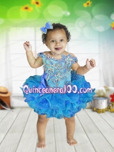 2015 Bowknot Off the Shoulder Appliques and Beading Short Little Girl Dress with Lace-up
