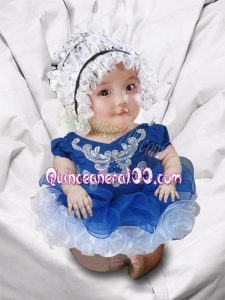 Appliques and Ruffles V-neck Blue and White Cute Little Girl Dresses