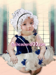 Blue and White Appliques and Ruffles 2014 Cute Little Girl Dress with Straps
