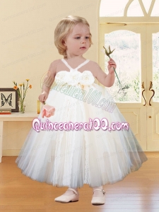 Champagne A-Line Halter Top Tulle Little Girl Dress with Hand Made Flowers