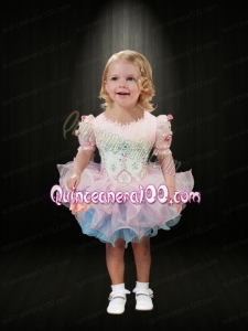 Sweet Ruching and Beading Scoop Pink and Blue Little Girl Dress for 2014