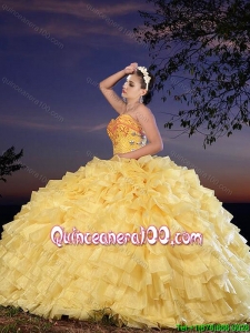 Cowgirl Best Selling Organza Yellow Sweet 16 Dress with Beading and Ruffled Layers
