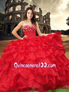 Western Style Fashionable Visible Boning Red Sweet 15 Dress with Beading and Ruffles