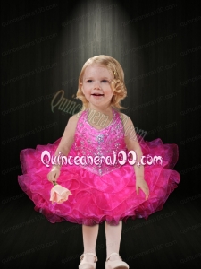 2014 Beautiful Hot Pink Halter Little Girl Dress with Beading and Ruffles