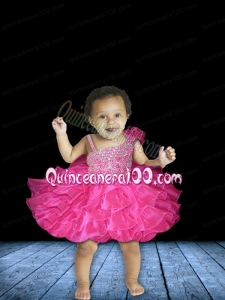 Fashionable Ball Gown Asymmetrical Mini-length Beading Bowknot Hot Pink Little Girl Dress