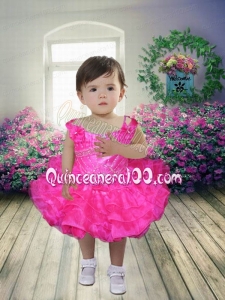 Hot Pink Beading and Ruffles Knee-length Little Girl Dress with Off the Shoulder