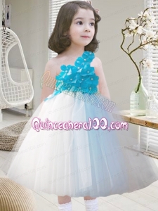 Modest One Shoulder Tea-length Little Girl Dresses in Blue and White