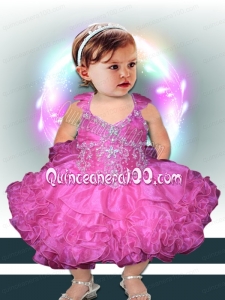 Pretty Beading and Ruffles Fuchsia Rose Pink Little Girl Dresses with Halter
