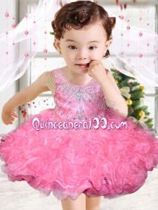 Rose Pink Scoop Beading and Ruffles Little Girl Dress with Lace-up