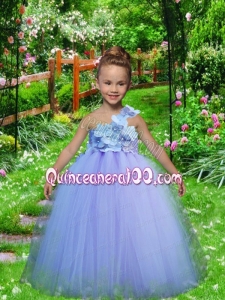 Sweet Lavender One Shoulder Floor-length Little Girl Dresses with Appliques
