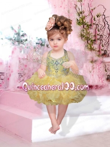 Fashionable Halter Top Knee-length Beading Bowknot Yellow Little Girl Dresses