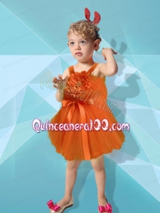 2014 Orange Red Short Mini-length Hand Made Flowers Straps Little Girl Dress