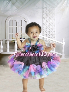 2014 Short Knee-length Hand Made Flowers Multi-color Little Girl Dress with Straps