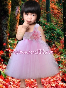 A-Line One Shoulder Hand Made Flowers Cute Little Girl Dress with Tea-length