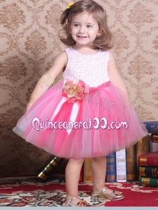 The Most Popular Scoop Knee-length Tulle 2014 Little Girl Dress with Hand Made Flowers
