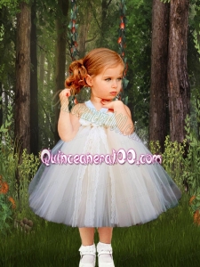 2014 Halter Bowknot Tulle Knee-length Little Girl Dress in White