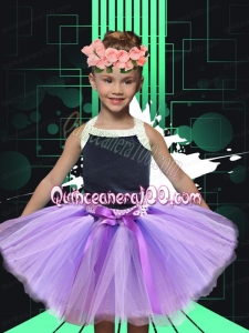 2014 Lilac Halter Bowknot Tulle Little Girl Dress with Knee-length